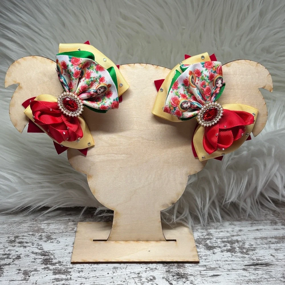 Virgen de Guadalupe Colorful Kids Hair Bow Set with a rose